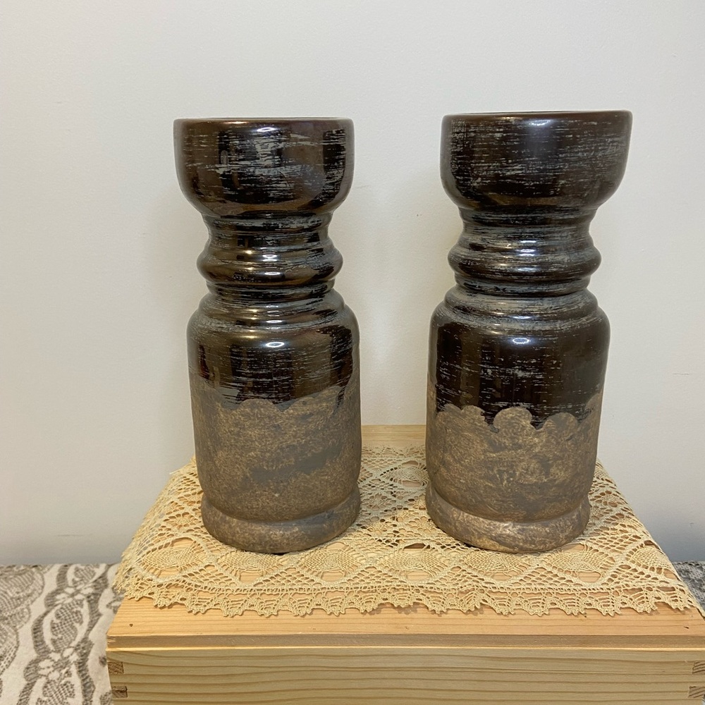 Pair of Urban Barn "Margo'" pewter-glazed, ceramic candle-holders, approx 10”